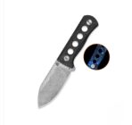 QSP Canary Neck Knife Laminated Damascus Blade Glow-in-the-Dark Shredded CF Handle