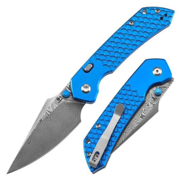 Tenable Fenrir Blue Anodized Aluminum with Fishscale Texture 3.48“ Damascus Blade