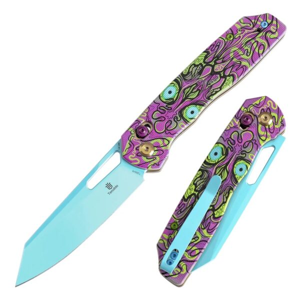 Tenable Shard | Cross Bar Lock Folding Knife | 3.47'' Blue Coated 14C28N Blade | Jade G10 with Purple Undead Print Handle |