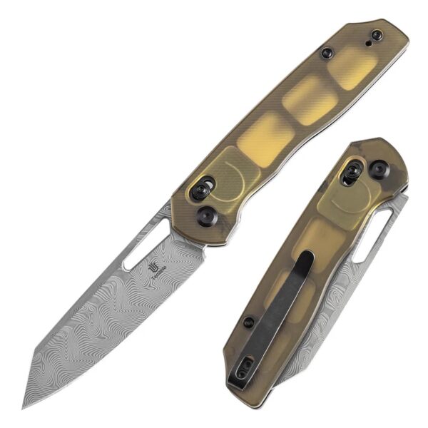 Tenable Shard | Cross Bar Lock Folding Knife | 3.47'' Damascus Blade | Amber PEI Handle