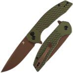 ⁦KANSEPT ACCIPITER | BUTTON LOCK | GREEN ANODIZED ALUMINUM WITH FISH SCALE TEXTURE | 3.53" ROSE GOLD 14C28N BLADE |⁩ - الصورة ⁦3⁩