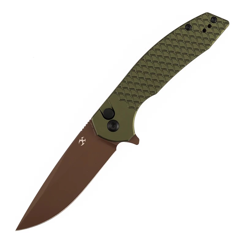 img_2621 KANSEPT ACCIPITER | BUTTON LOCK | GREEN ANODIZED ALUMINUM WITH FISH SCALE TEXTURE | 3.53" ROSE GOLD 14C28N BLADE | - الصورة 1