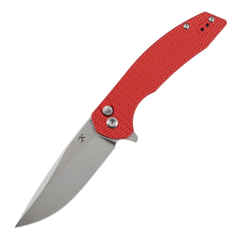 img_2626 KANSEPT ACCIPITER | BUTTON LOCK | RED ANODIZED ALUMINUM WITH DIAMOND TEXTURE | 3.53" 14C28N BLADE | - الصورة 1
