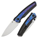 KANSEPT THUMB STUB RAVEN BLACKWASH TITANIUM WTIH TIMASCUS HANDLE (3.13" CPM 20CV BLADE) WITH BLACK BIRD BLADES DESIGN