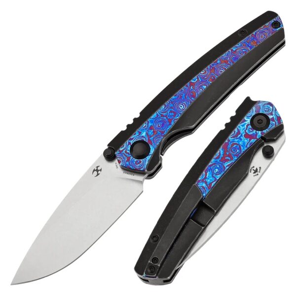 KANSEPT THUMB STUB RAVEN BLACKWASH TITANIUM WTIH TIMASCUS HANDLE (3.13" CPM 20CV BLADE) WITH BLACK BIRD BLADES DESIGN