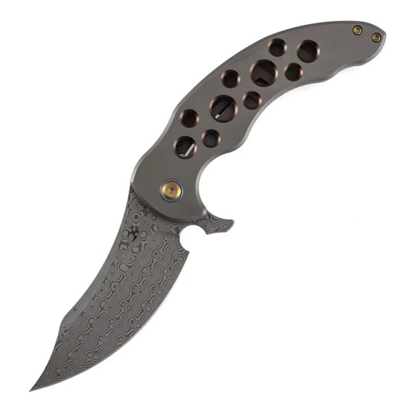 KANSEPT GILGAMESH FLIPPER BRONZE ANODIZED TITANIUM WITH HOLES HANDLE ( 3.75" DAMASCUS BLADE) ANDREAS GOLTZ DESIGNED
