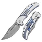 ⁦KANSEPT ORION LIMITED-VERSION FLIPPER BLUE ANODIZED AND MACHINE SATIN TITANIUM HANDLE (3.07''DAMASCUS BLADE) JB STOUT DESIGN⁩ - الصورة ⁦2⁩