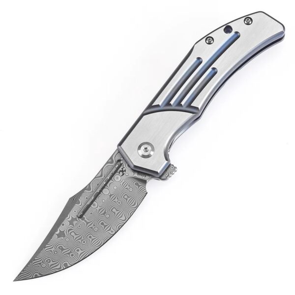 KANSEPT ORION LIMITED-VERSION FLIPPER BLUE ANODIZED AND MACHINE SATIN TITANIUM HANDLE (3.07''DAMASCUS BLADE) JB STOUT DESIGN